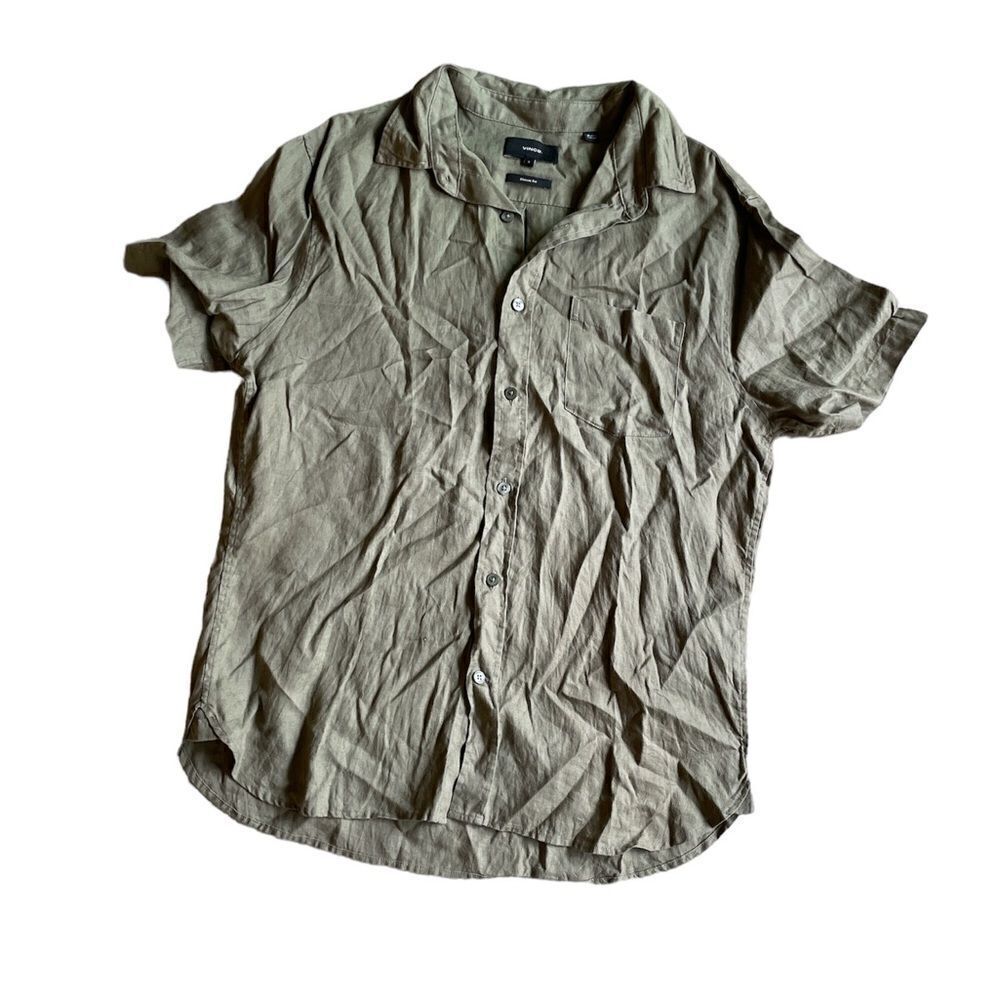 VINCE Linen Short Sleeve Shirt IN Olive green Size S NWOT